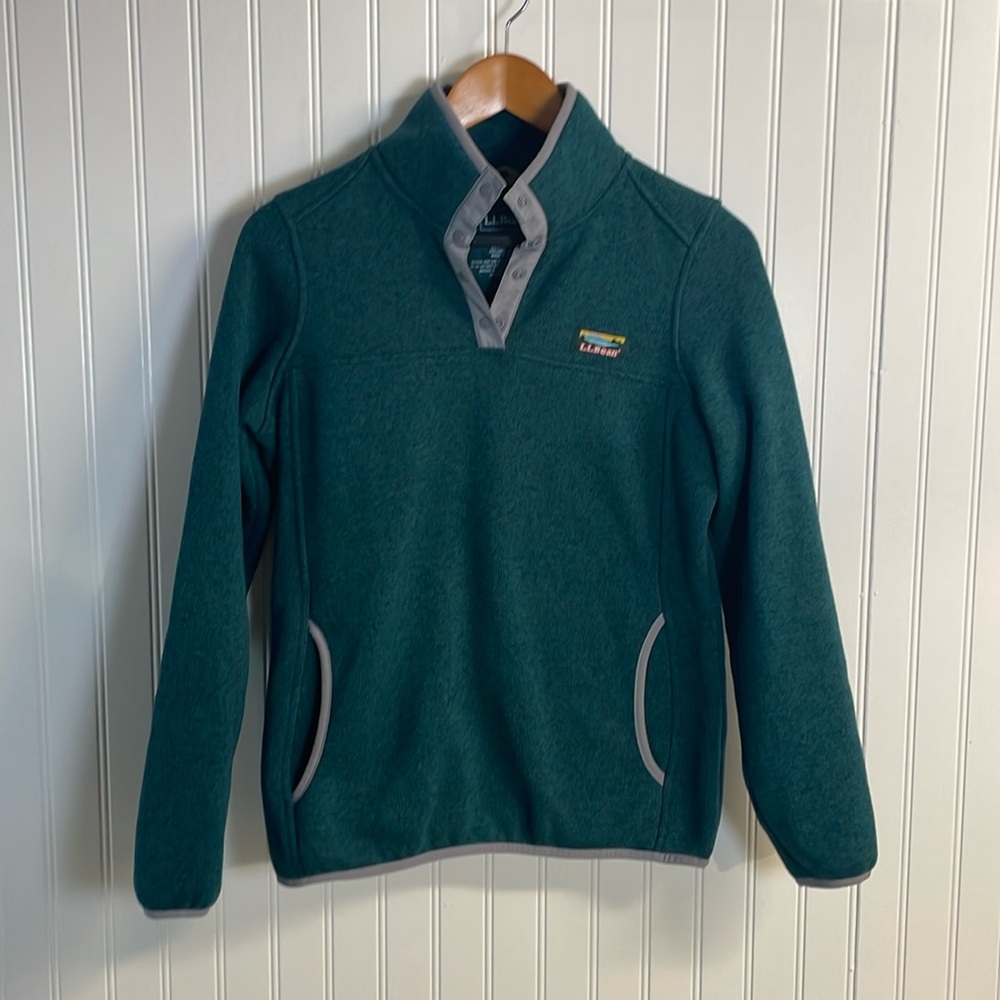 L.L. Bean Womens Long Sleeve Quarter Snap Pullover Fleece Medium Teal Pocket